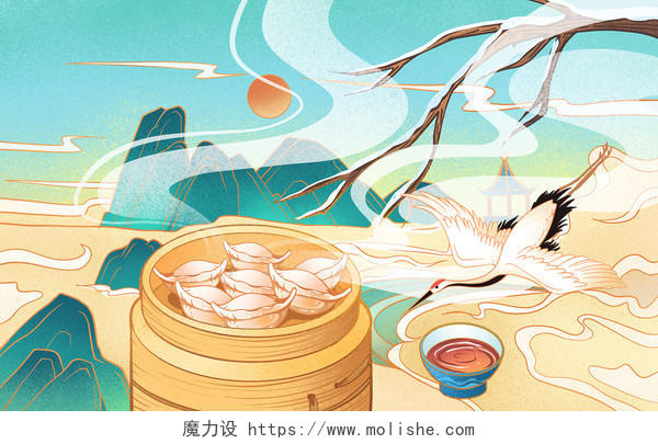 国潮饺子手绘国潮冬季食物原创插画海报